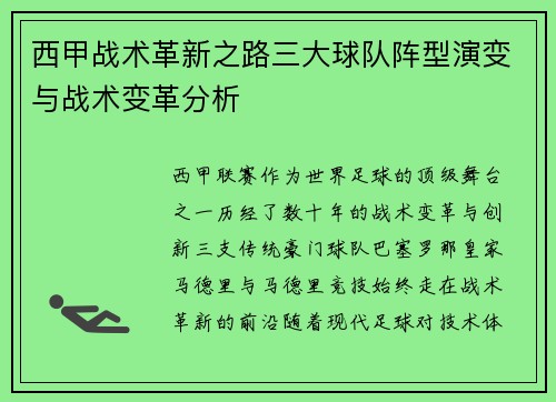 西甲战术革新之路三大球队阵型演变与战术变革分析