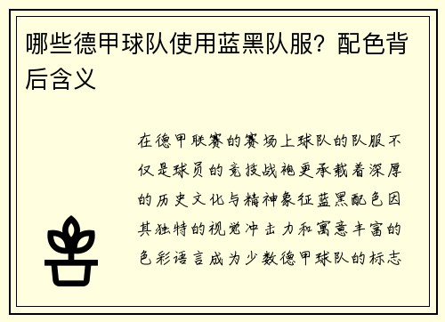 哪些德甲球队使用蓝黑队服？配色背后含义