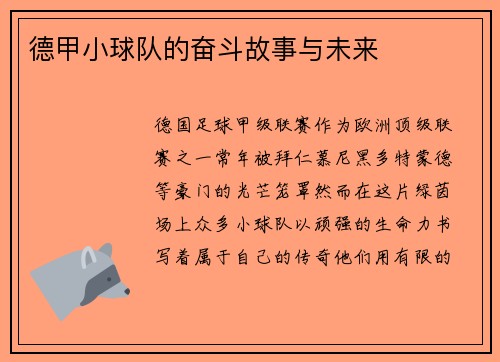 德甲小球队的奋斗故事与未来