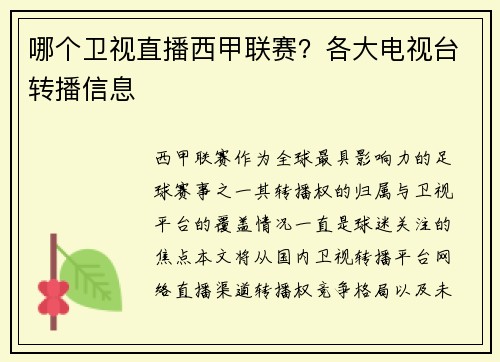 哪个卫视直播西甲联赛？各大电视台转播信息
